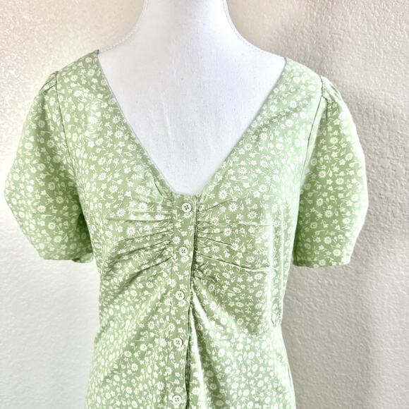 Madewell Jennifer Size 4 V-neck Button Front Pastel Green Floral Mini Sun Dress - Picture 4 of 16